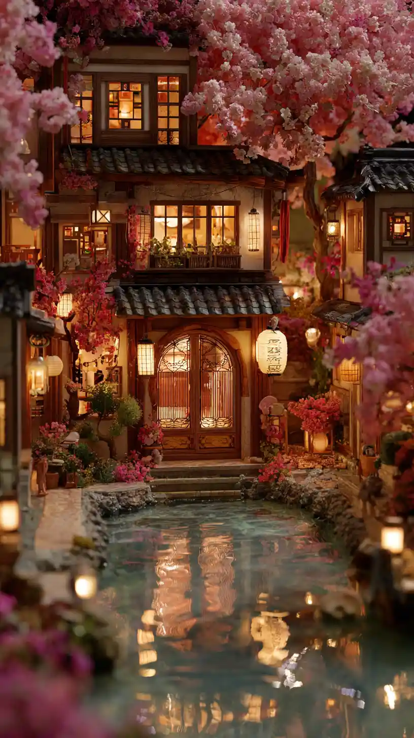 Fantasy cherry blossom village with lantern lit wooden houses