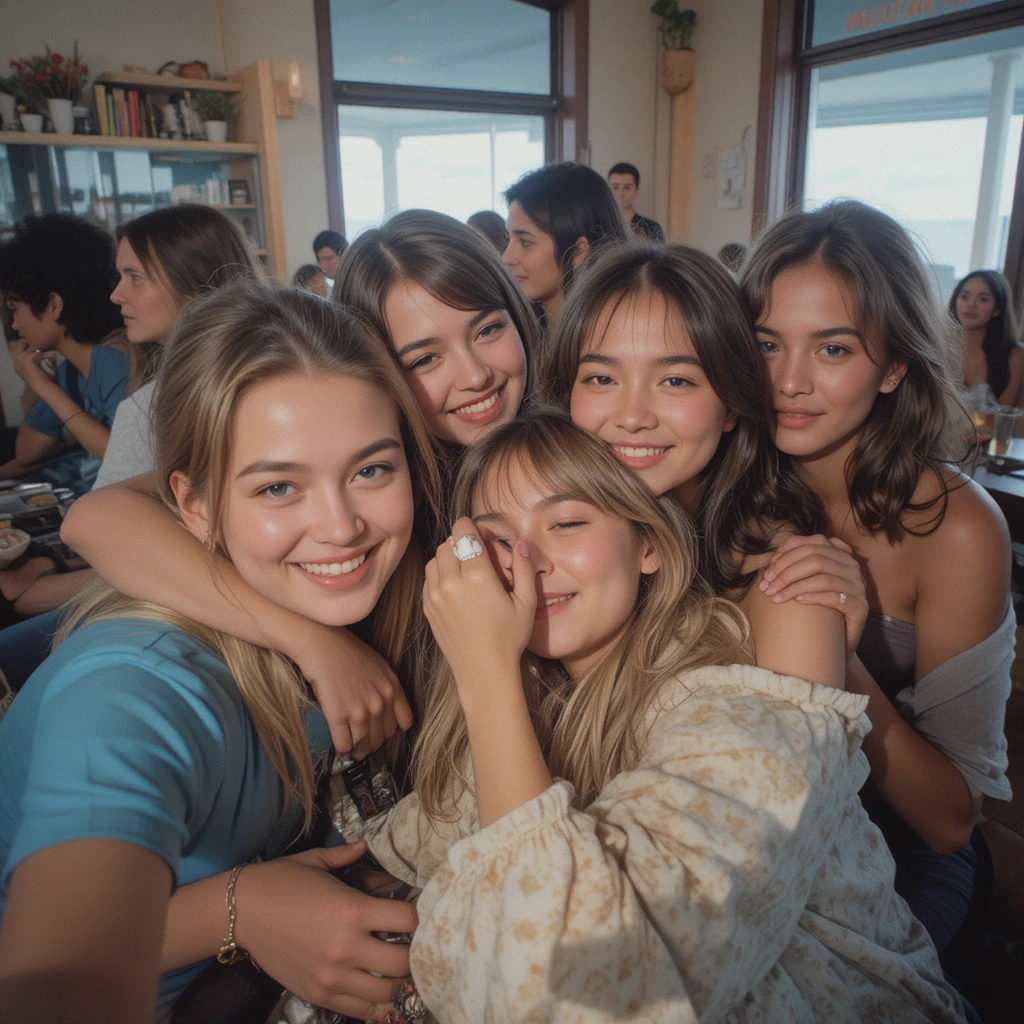 Friends hugging laughing and taking selfies at a reunion