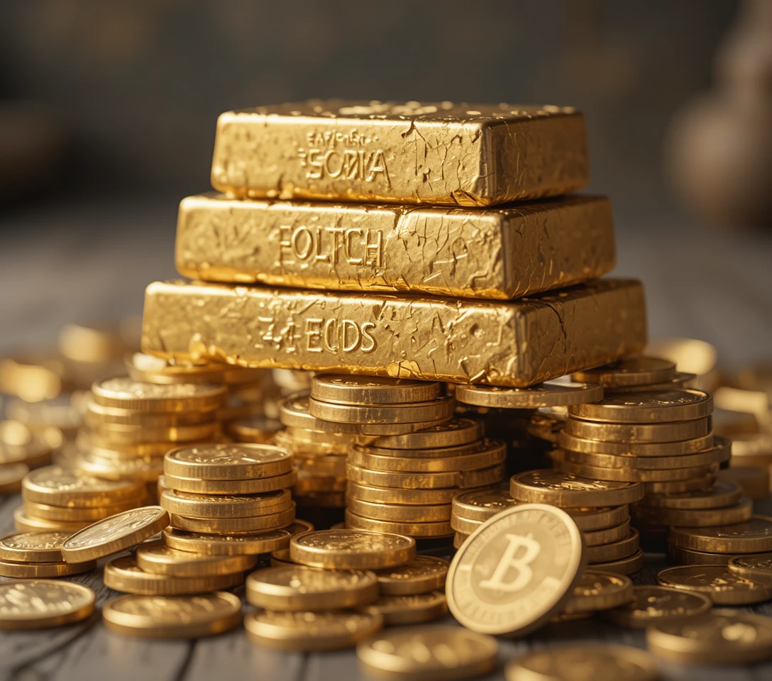 Close up of stacked gold bars and scattered gold coins