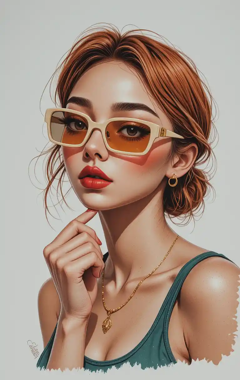 Mujer pelirroja con gafas de sol retro en retrato de moda