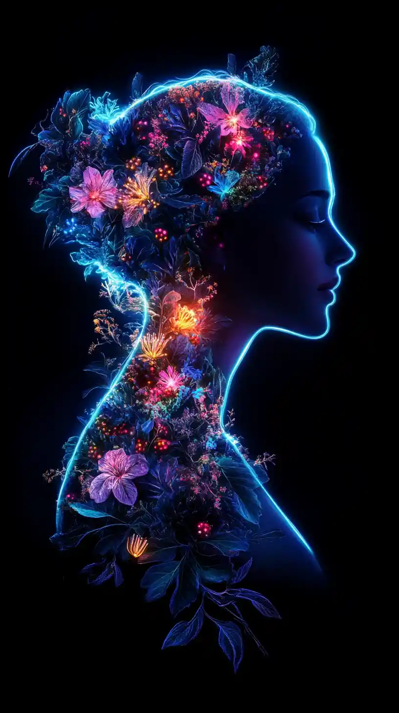 Neon floral female silhouette in glowing botanical profile