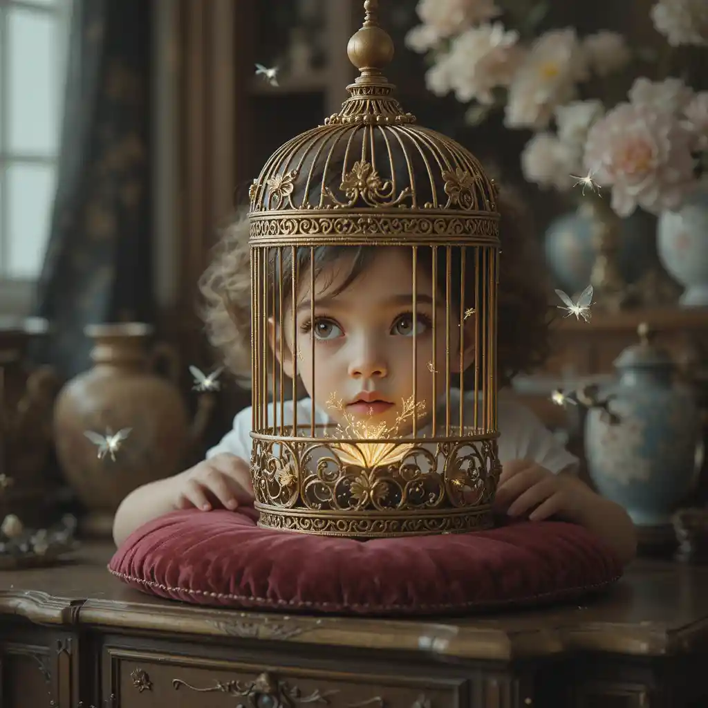 Child gazing at glowing fireflies in an ornate birdcage