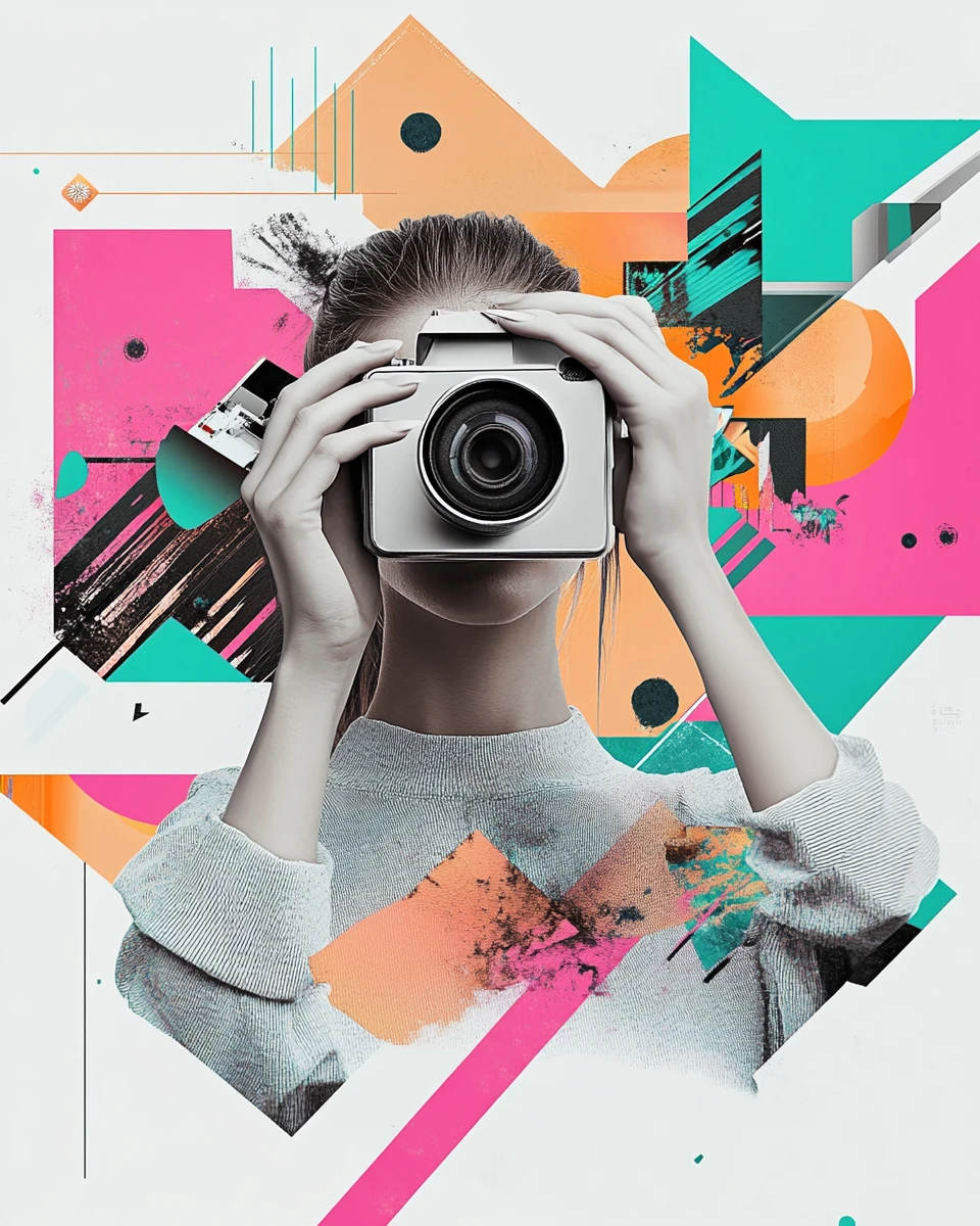 Abstract graphic design of a playful photo bomb collage