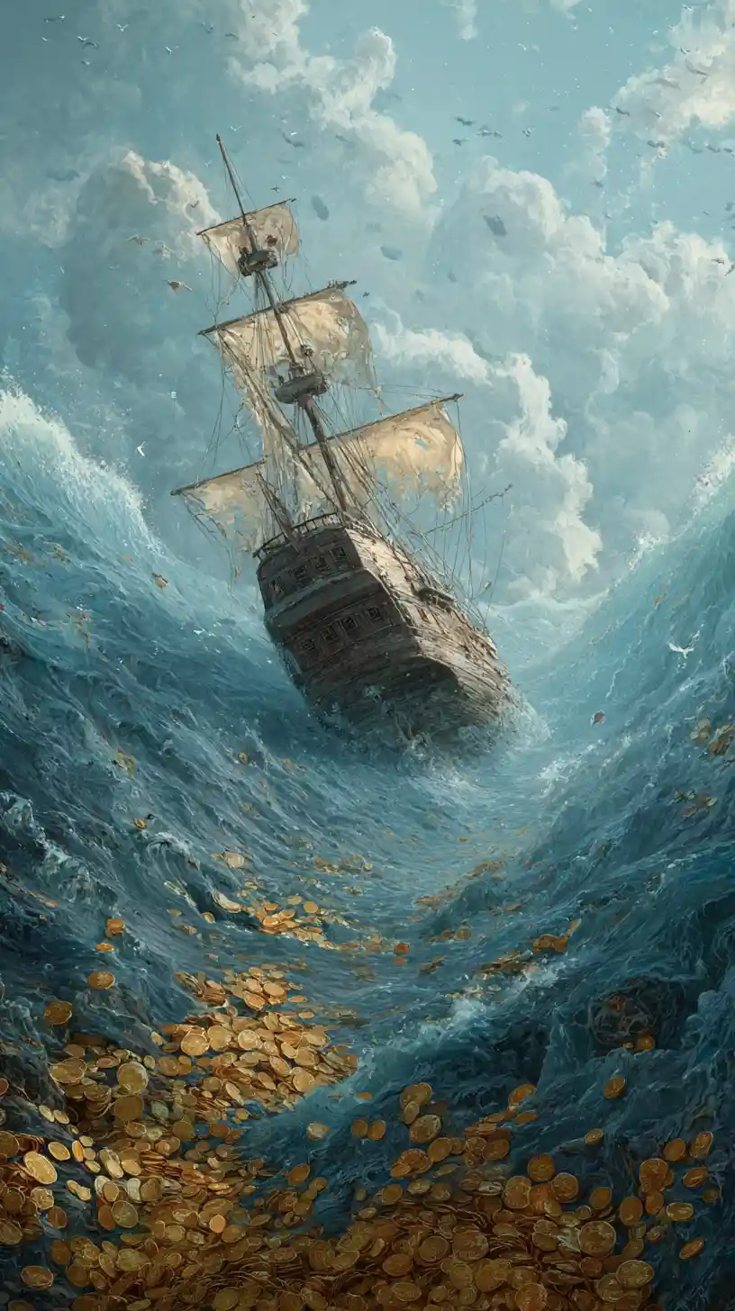 Birdbox resting on a sunken ship scattered with coins