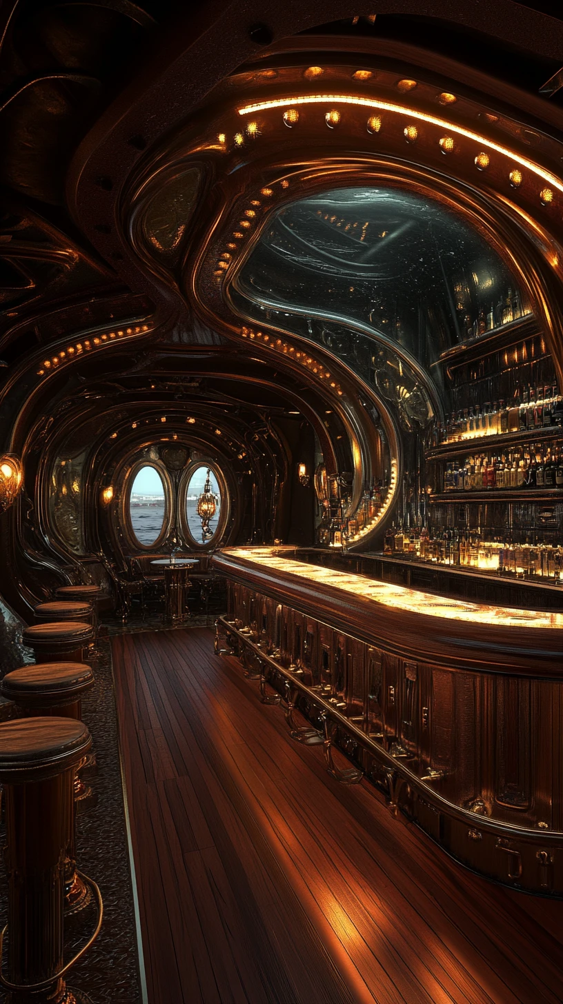 Interior view of a lively shipshape carnival bar
