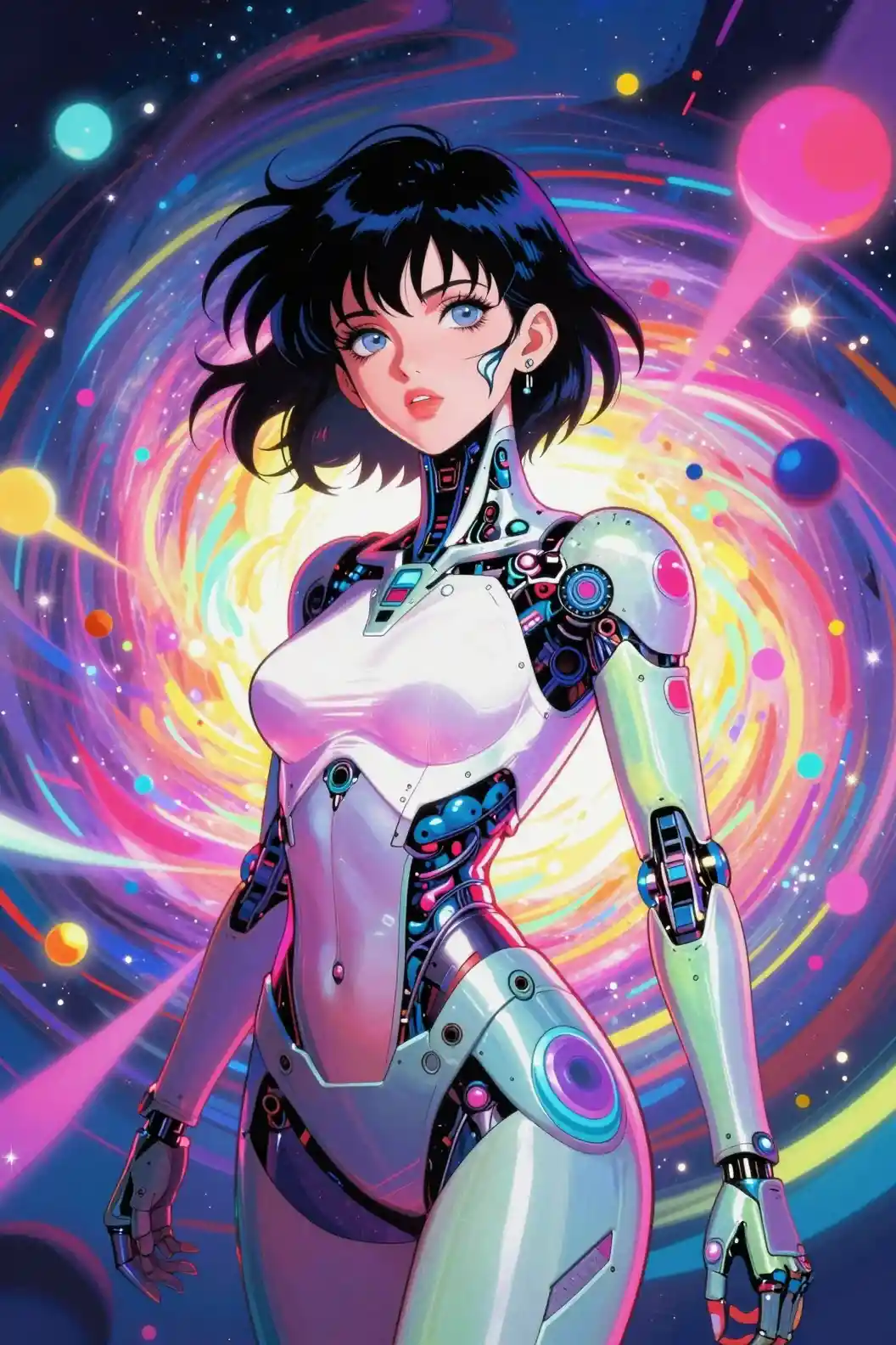 Futuristische Cyborg-Frau in surrealer Neon-Traumlandschaft
