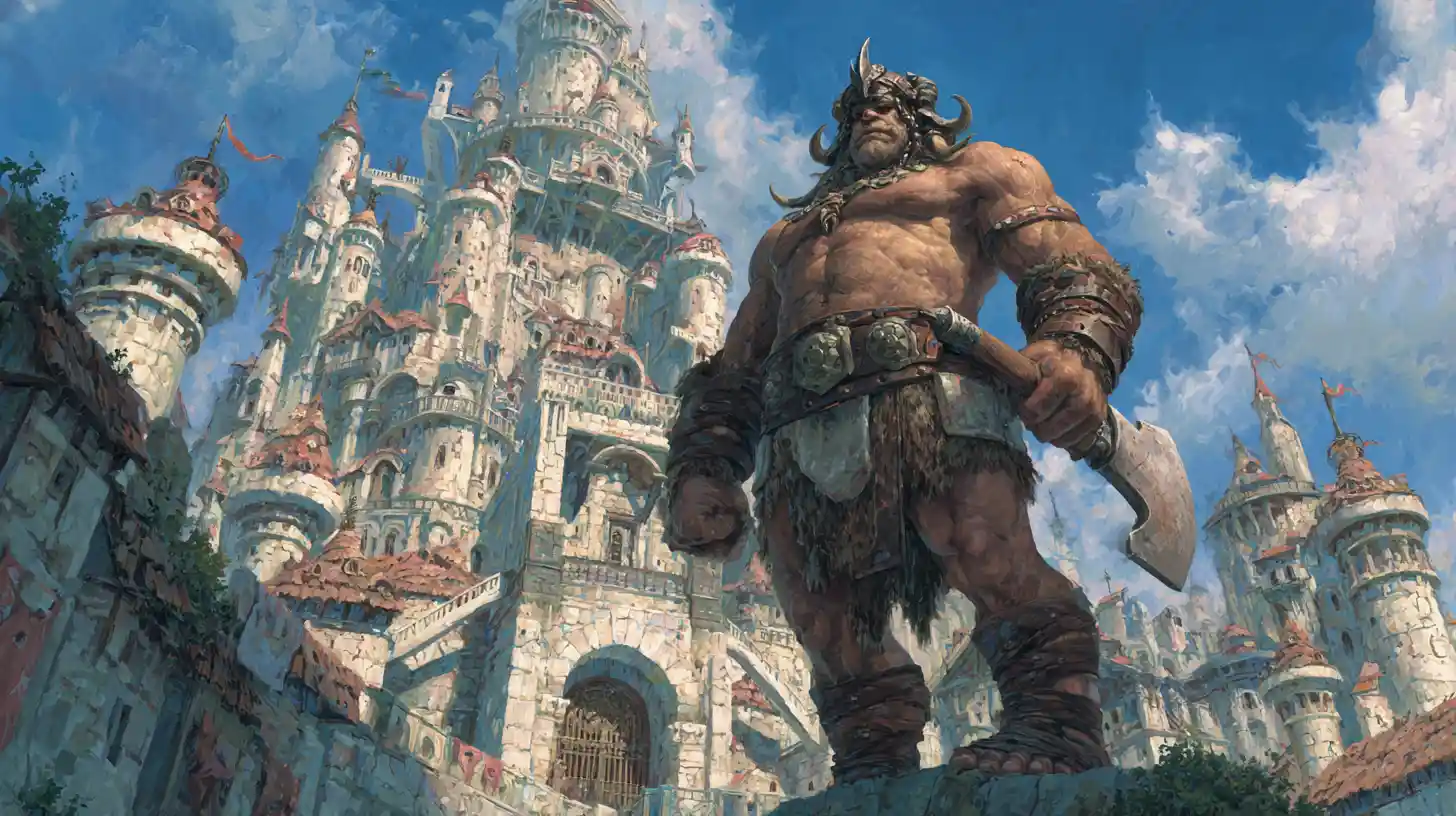 Regal Troll King Before A Grand Fantasy Stone Castle