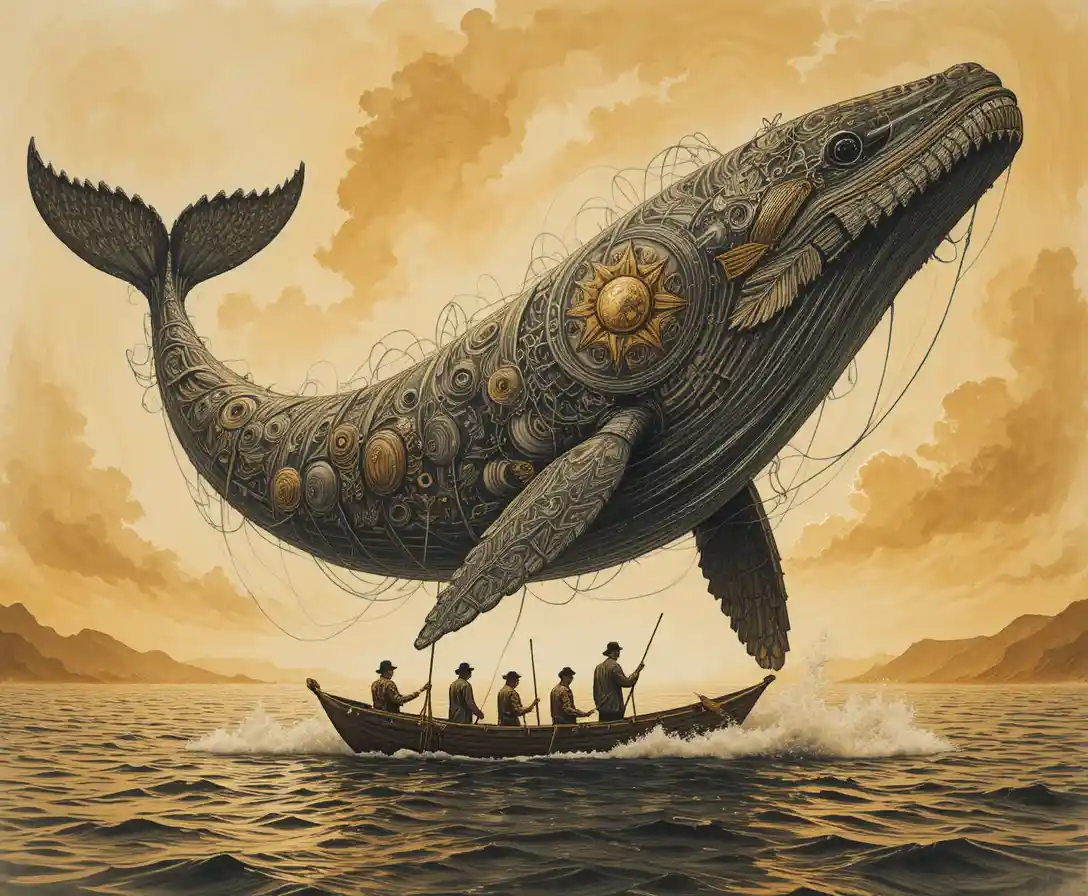 Charcoal whale spirit with Samoan fishermen at sunrise