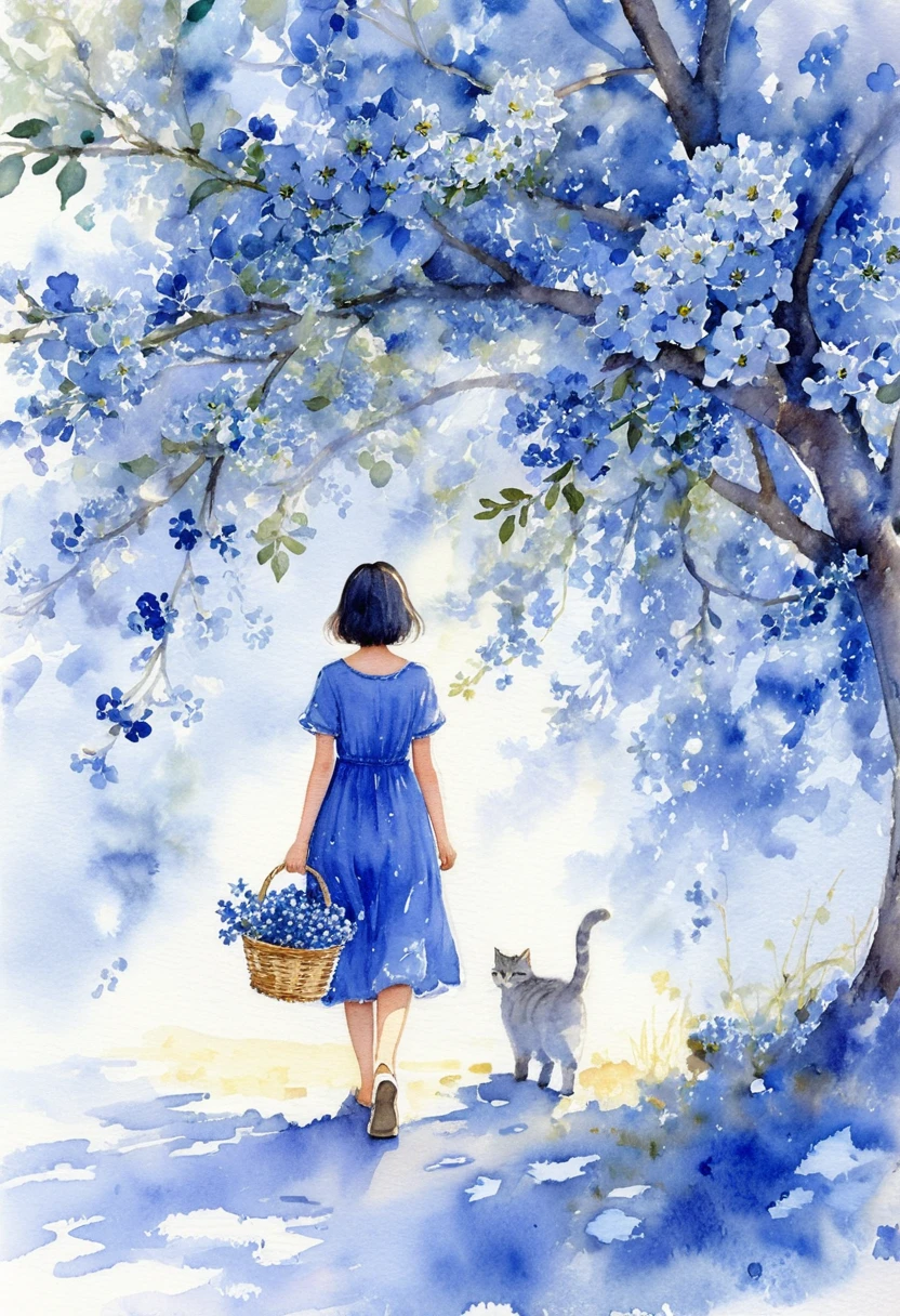 Girl in blue dress walking with cat under flowering tree