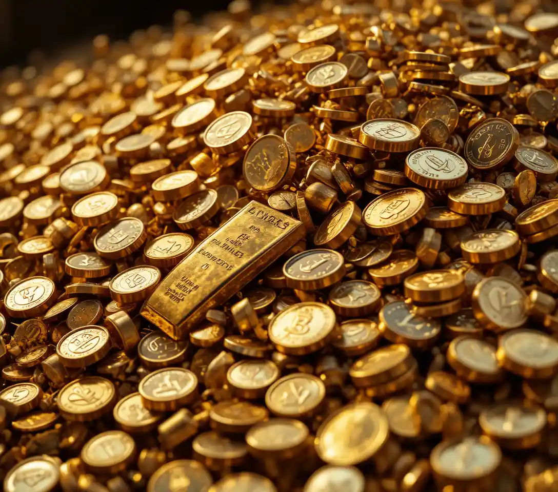 Macro close up of gold bars and antique coins