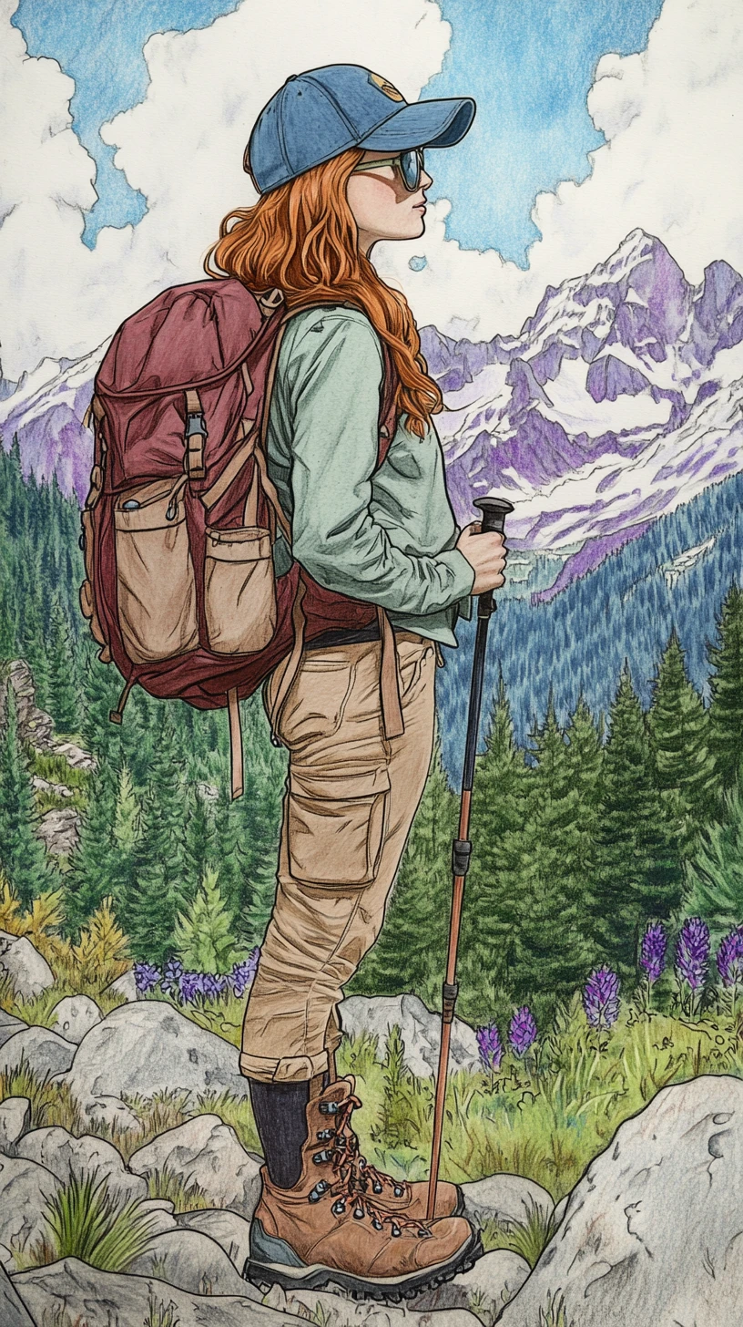 Joven excursionista de perfil frente a paisaje montañoso