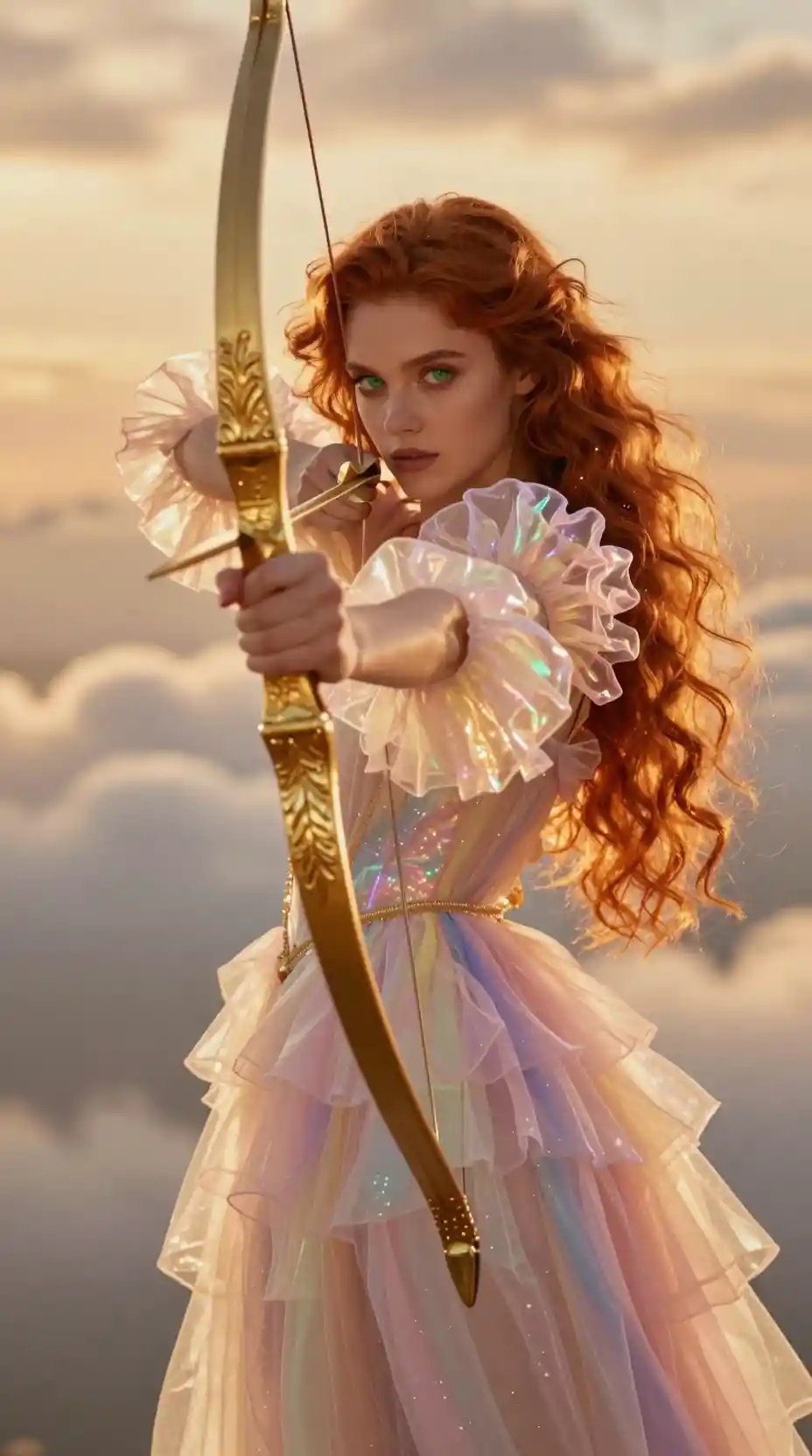 Celestial archer woman aiming a golden bow at viewer