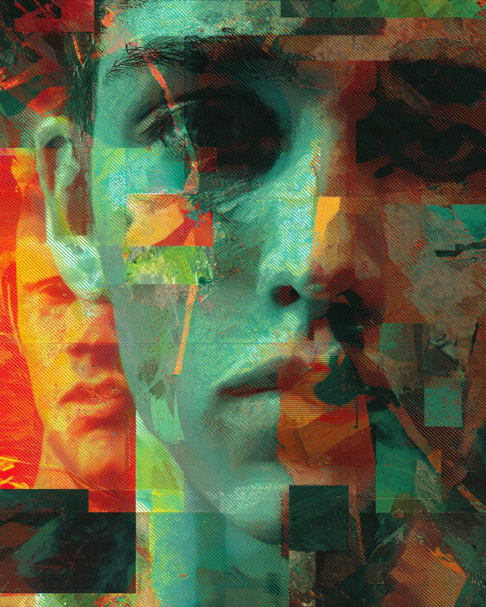 Abstract mosaic of small faces forming a larger portrait