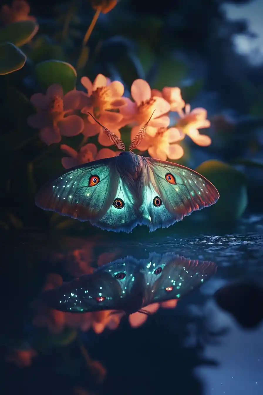 月明かりに照らされた怪物のような植物と一匹のホバリングする蛾