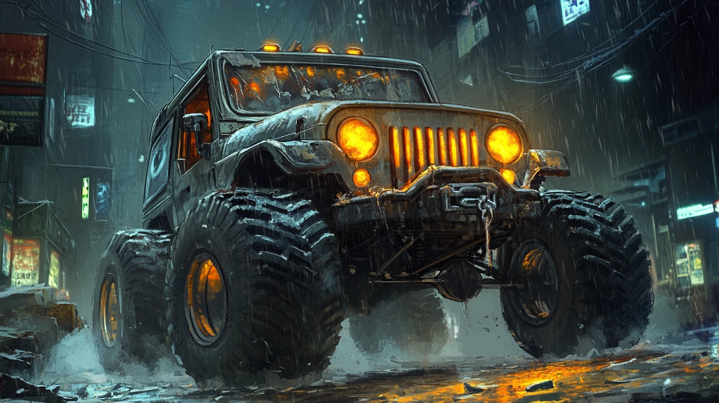 Mutant creature fused with a jeep grill and giant tire legs