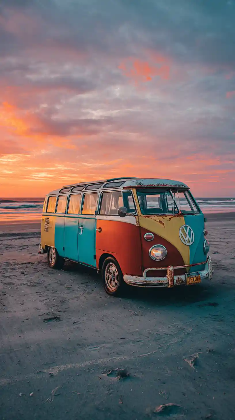 Kombi vintage colorida estacionada em uma praia ao pôr do sol