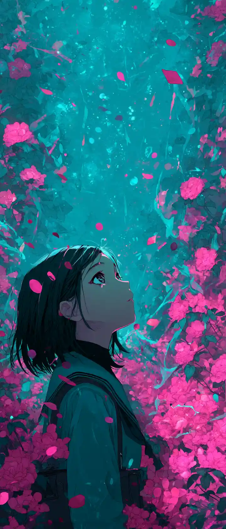Espíritu de anime llorando sobre un jardín de flores líquidas brillantes