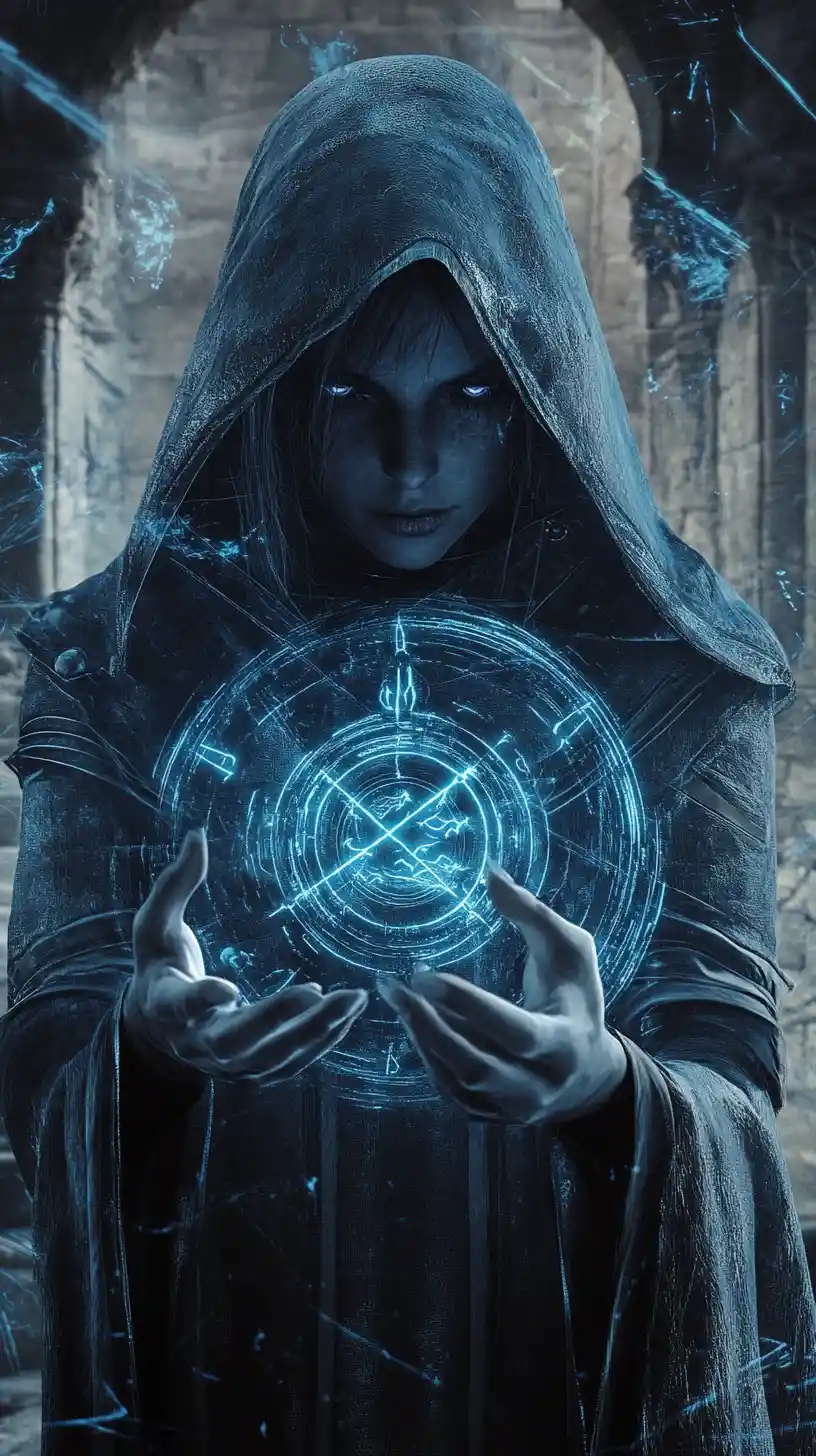 Dark sorceress weaving holographic spell in swirling digital energy