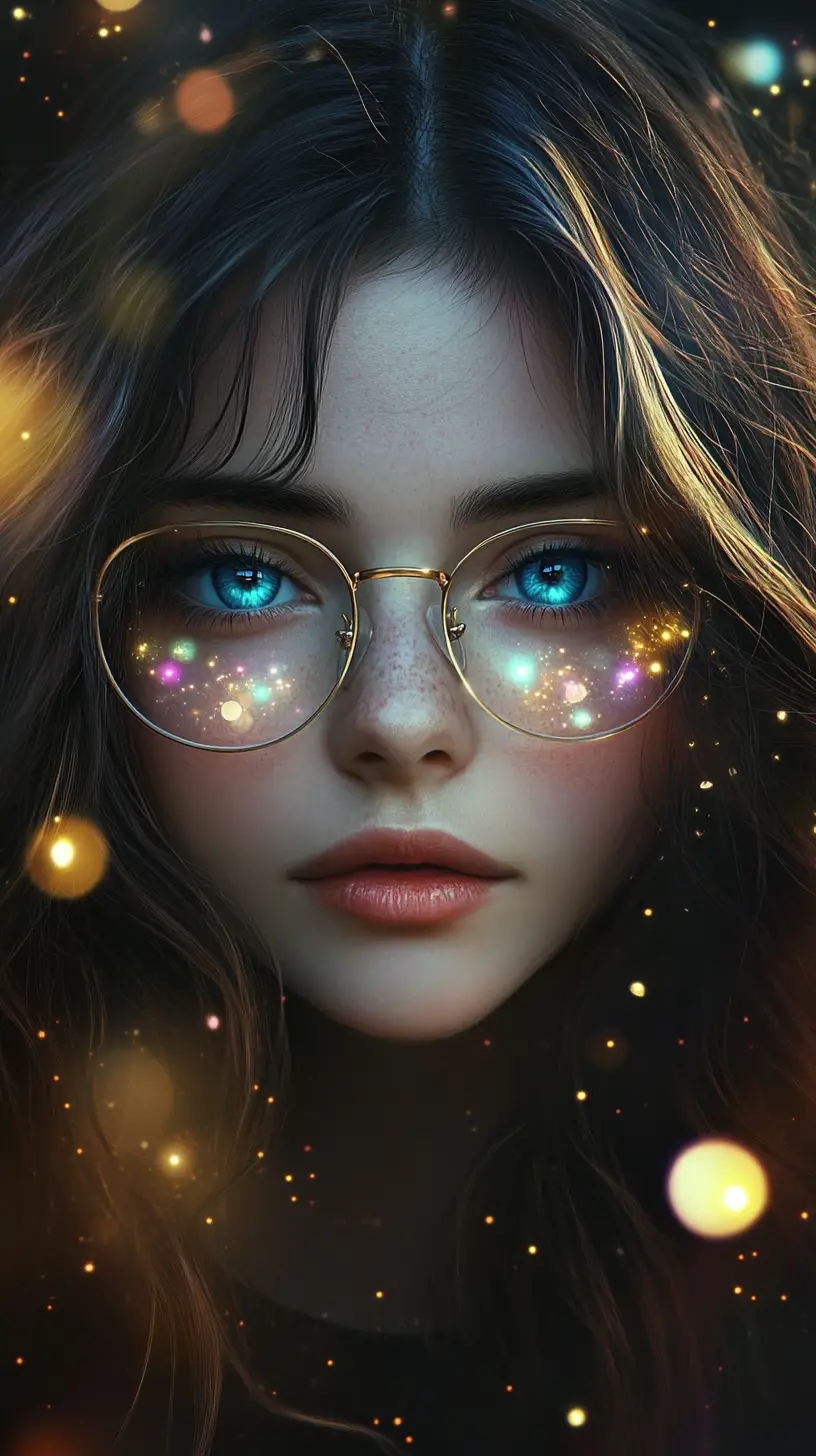 Ragazza anime con sfere luminose e occhiali riflettenti