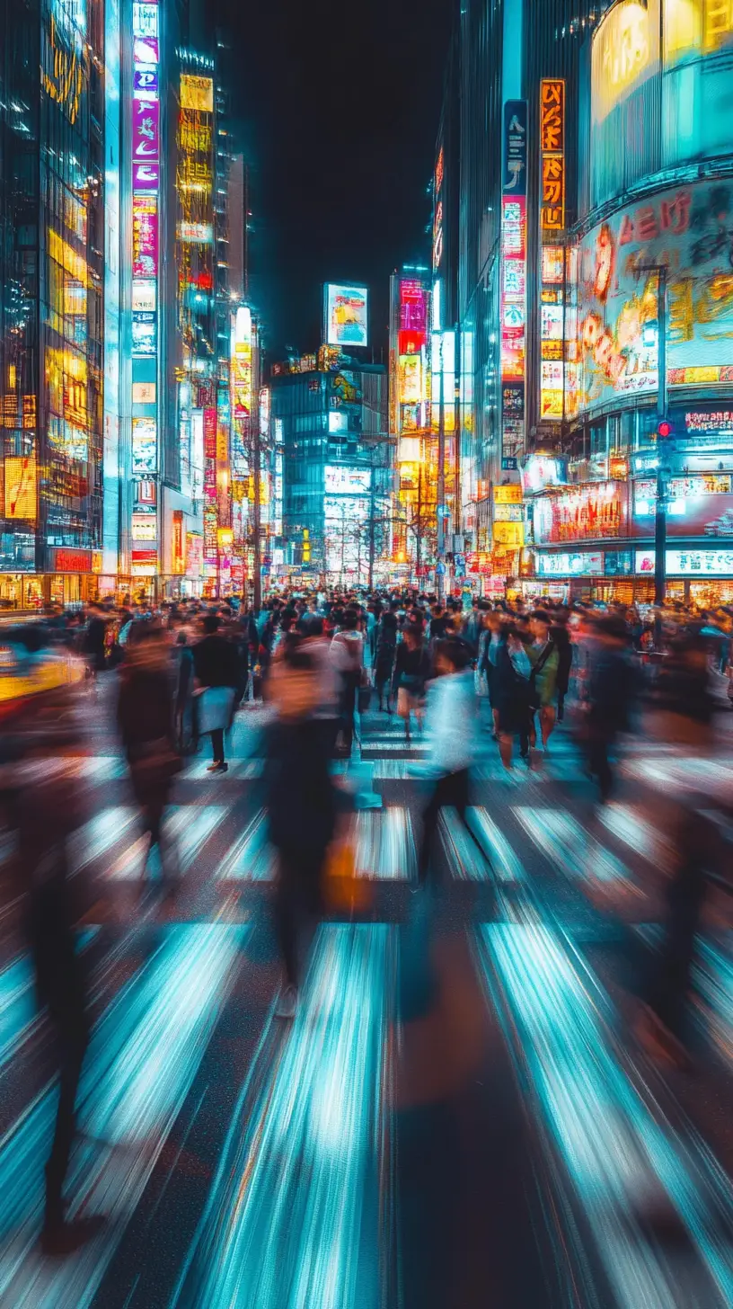 Crowded Tokyo crosswalk under glowing neon city lights