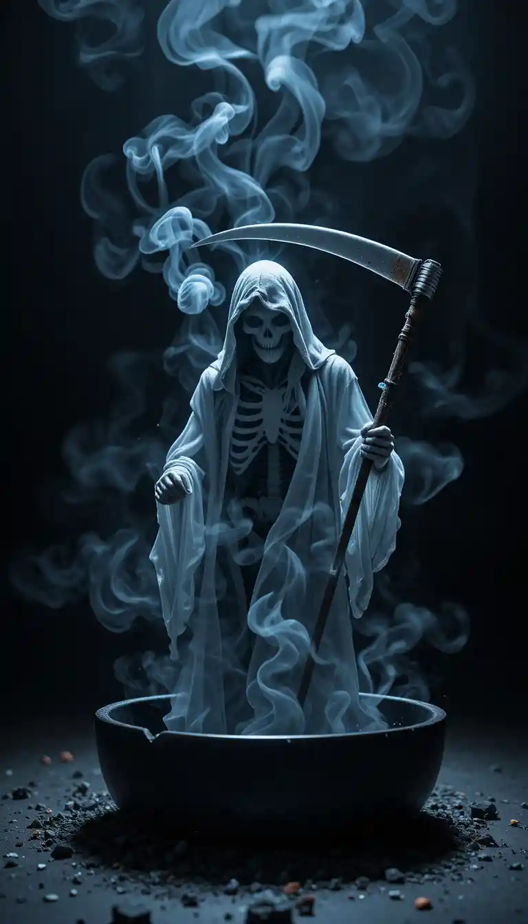 Smoking Grim Reaper Rising From Cigarette In Dark Scene