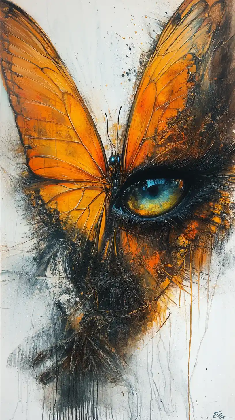 Surreal mixed media butterfly with reflective abstract eyes