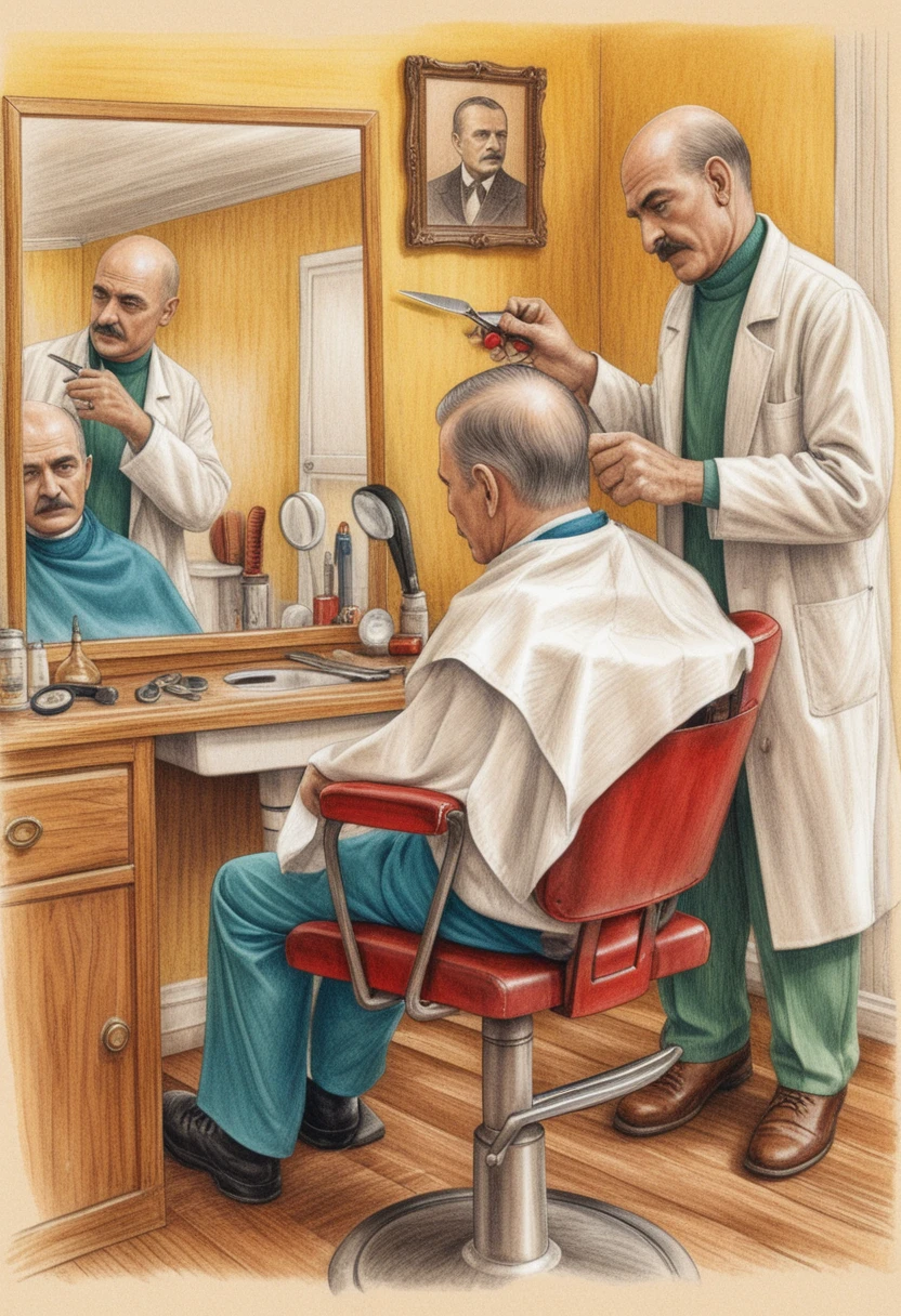 Glatzköpfiger Barbier schneidet einem älteren Mann die Haare im Vintage-Barbershop