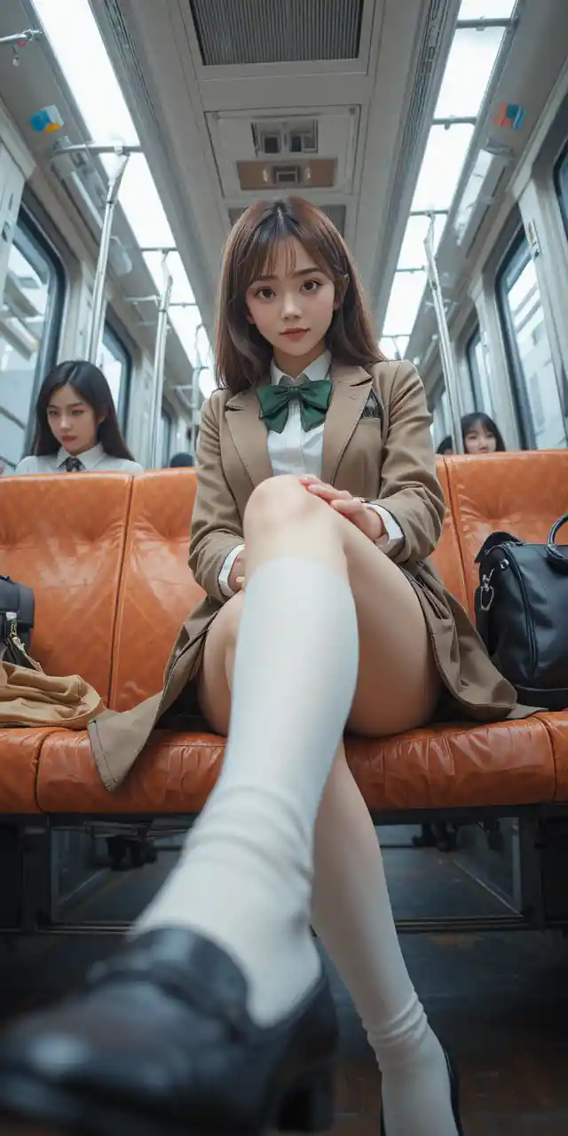 로우 앵글로 본 기차 안에 앉아 있는 애니 고교 소녀