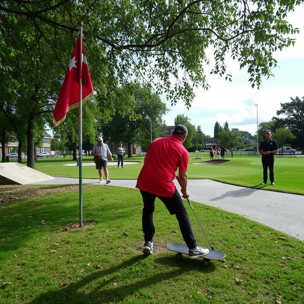 Golfer knocked down beside urban skatepark fairway chaos