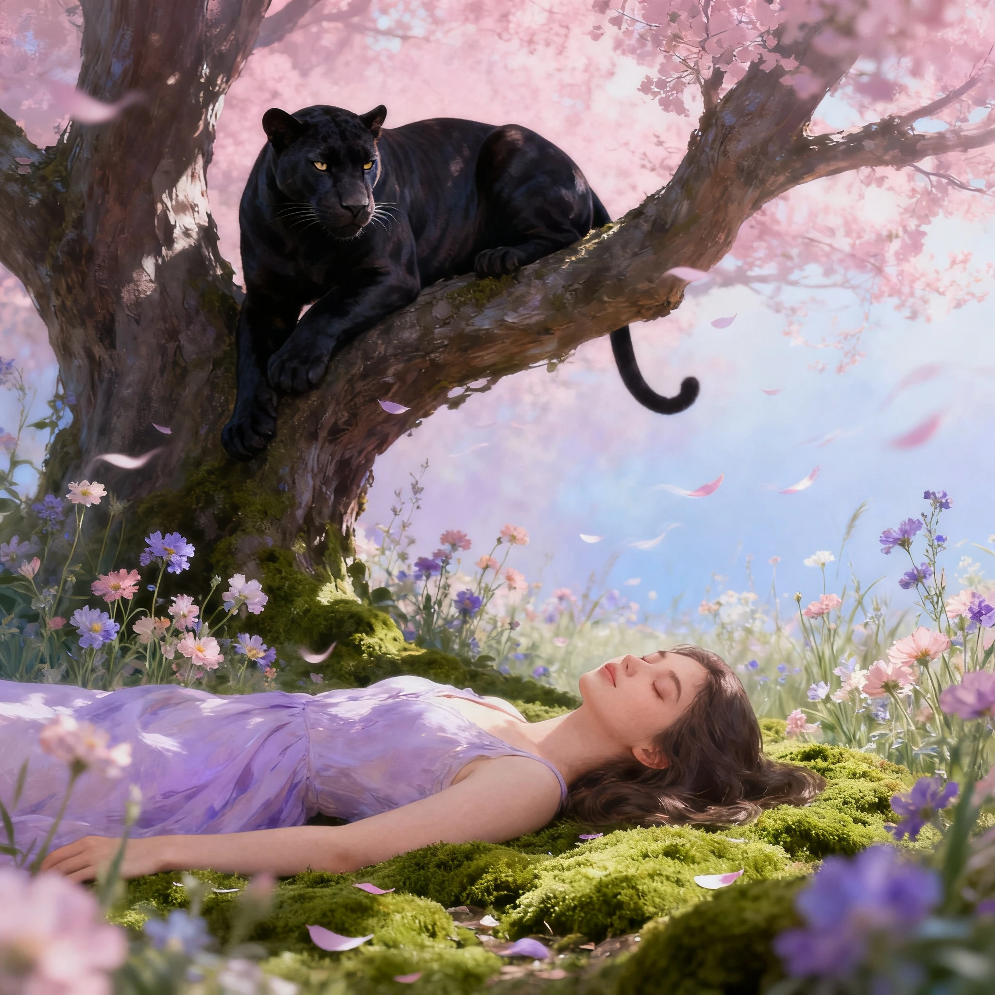 Woman Sleeping On Moss In Forest With Watchful Panther