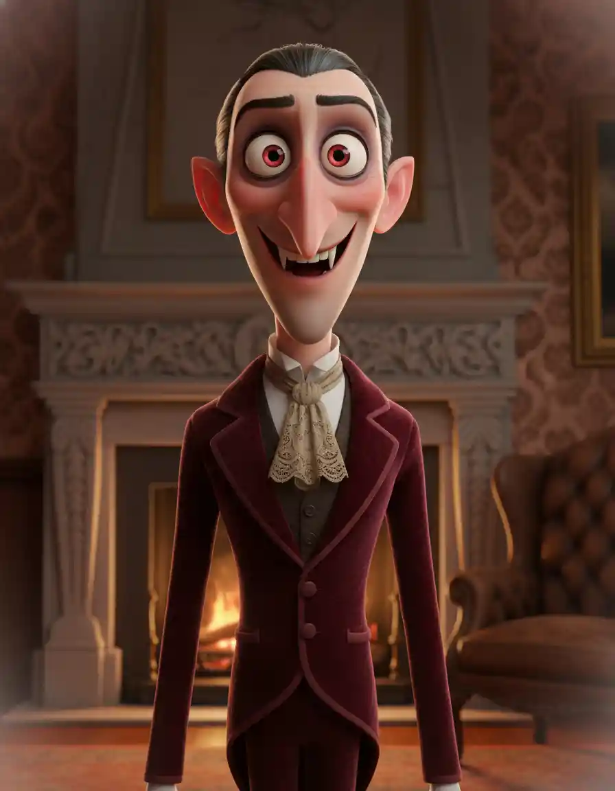 Photorealistic 3D vampire portrait with eccentric expression