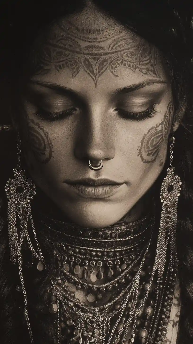 Meditative tattooed woman with crescent moon facial jewelry