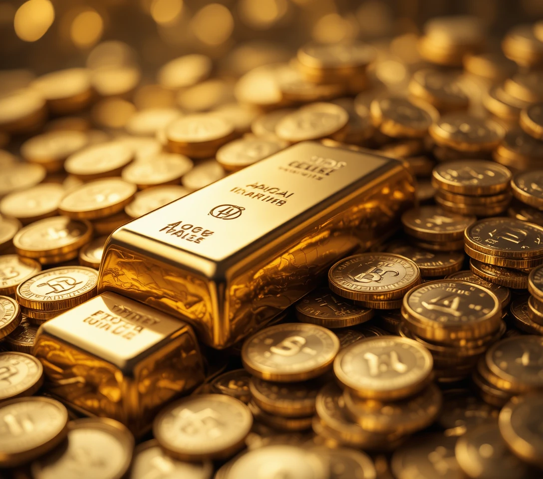 Macro close up of stacked gold bars and antique coins