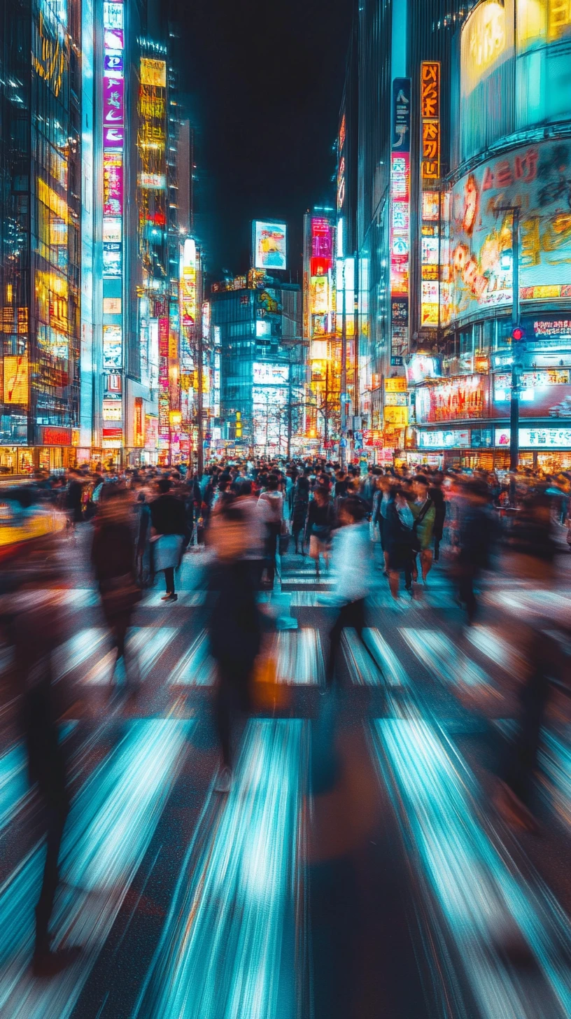 Crowded Tokyo crosswalk under glowing neon city lights