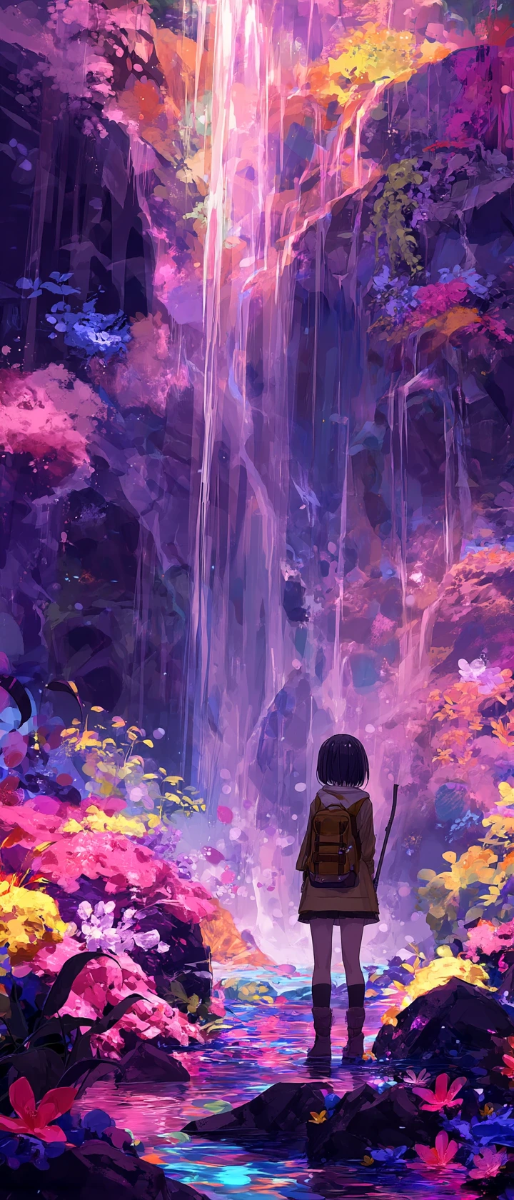 Explorador de anime contemplando una cascada mágica de arcoíris