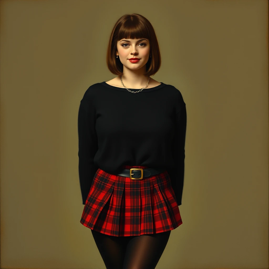 Young woman in black sweater and red plaid mini skirt