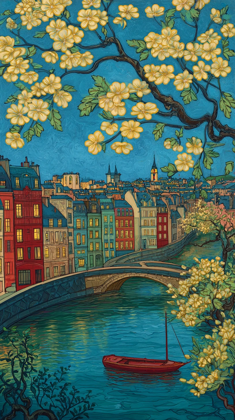 Night city bridge view with cherry blossoms and river reflections