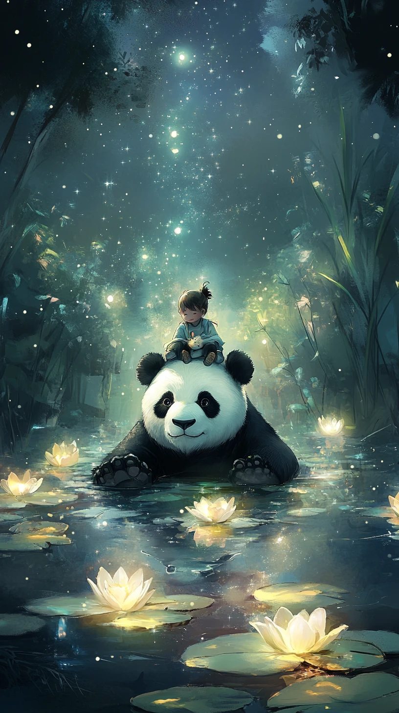 Child riding a giant panda across glowing lily pads