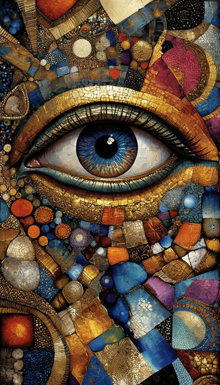 Surreal abstract painting with a central symbolic eye