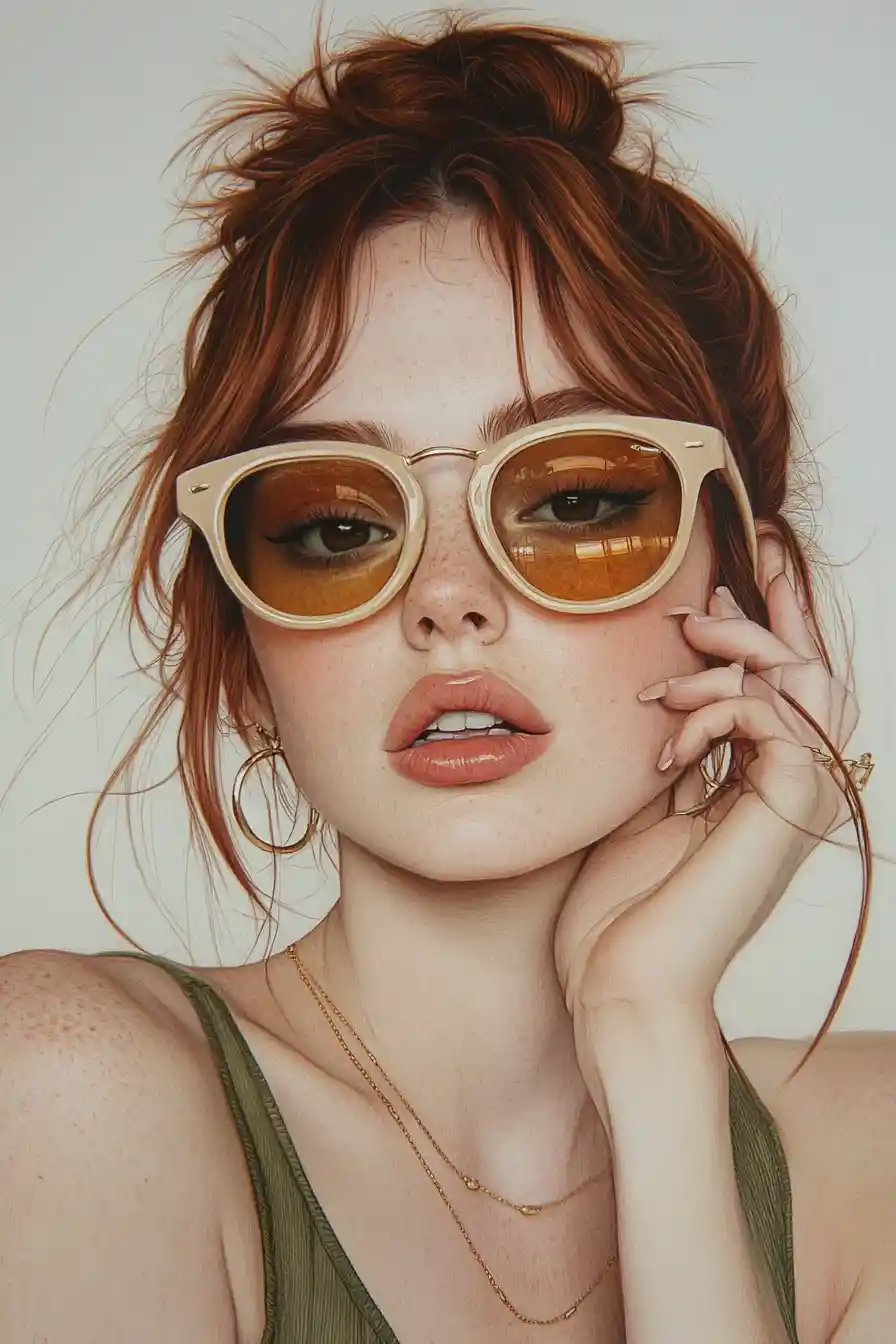 Young woman in retro sunglasses colored pencil portrait