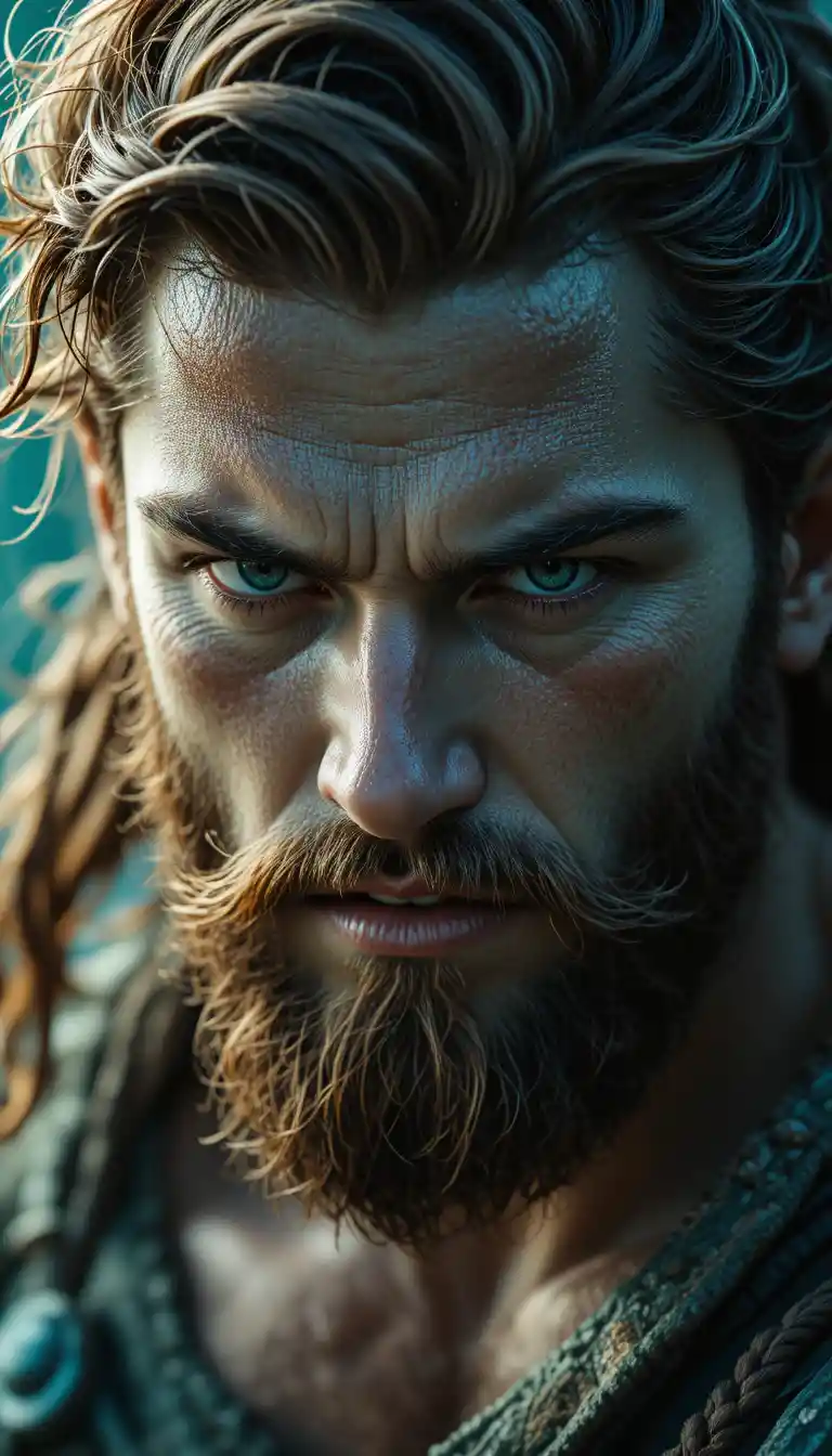 Close up of a Greek warrior man in teal dramatic light
