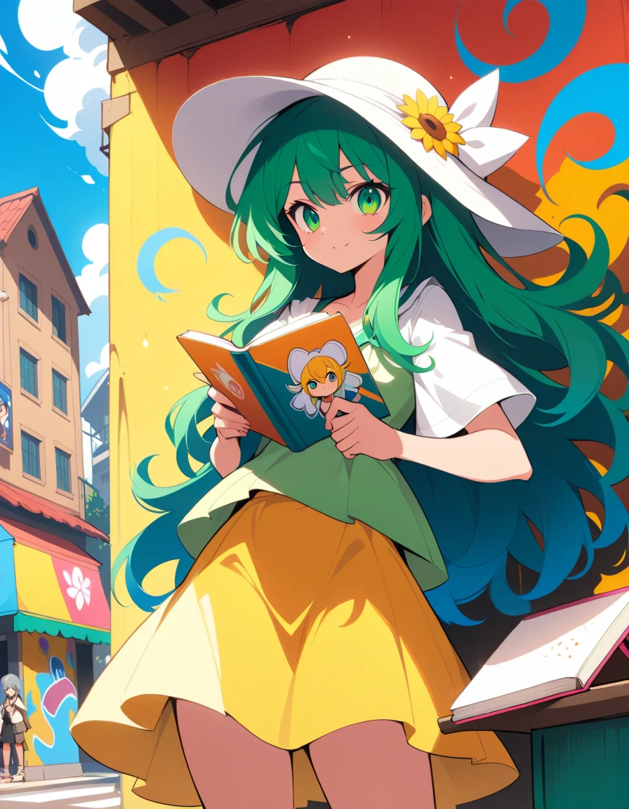 Chica de anime leyendo en un banco del parque bajo los cerezos en flor