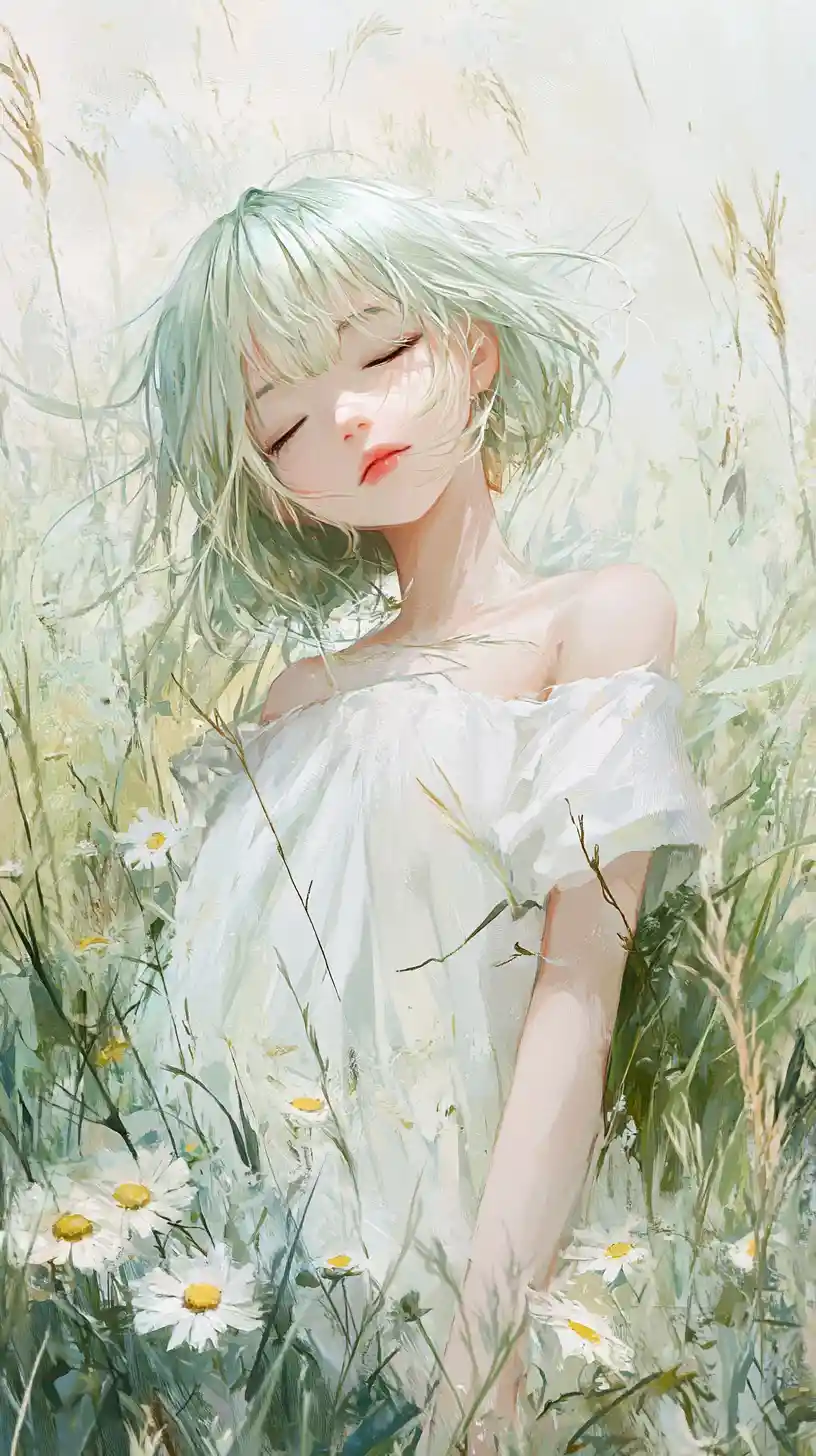 Anime girl in a soft watercolor field of yellow daisies