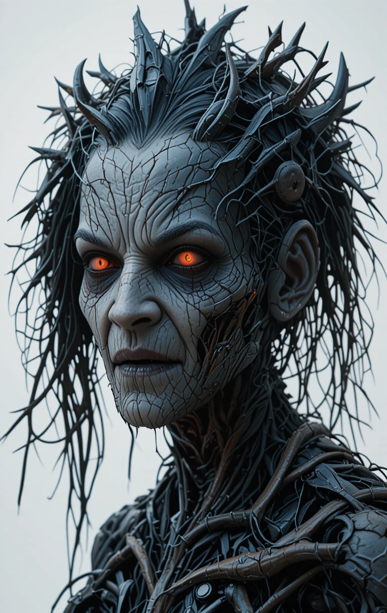 Cybernetic human head with glowing red mechanical eyes