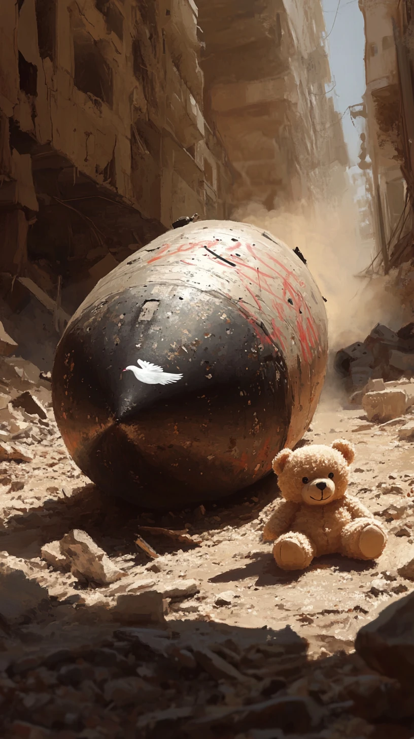 Unexploded bomb and teddy bear in ruined city light
