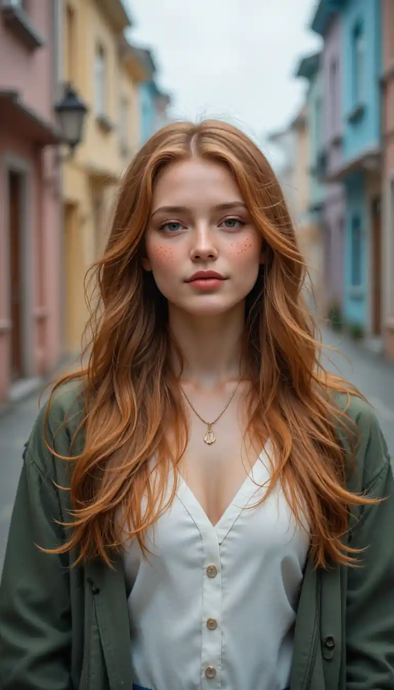 Young ginger haired woman on a quiet city street