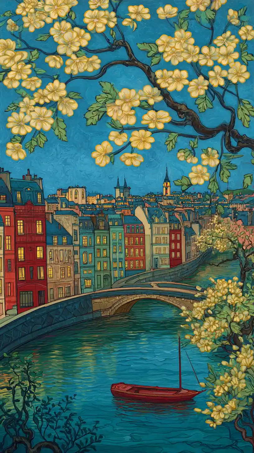Night city bridge view with cherry blossoms and river reflections