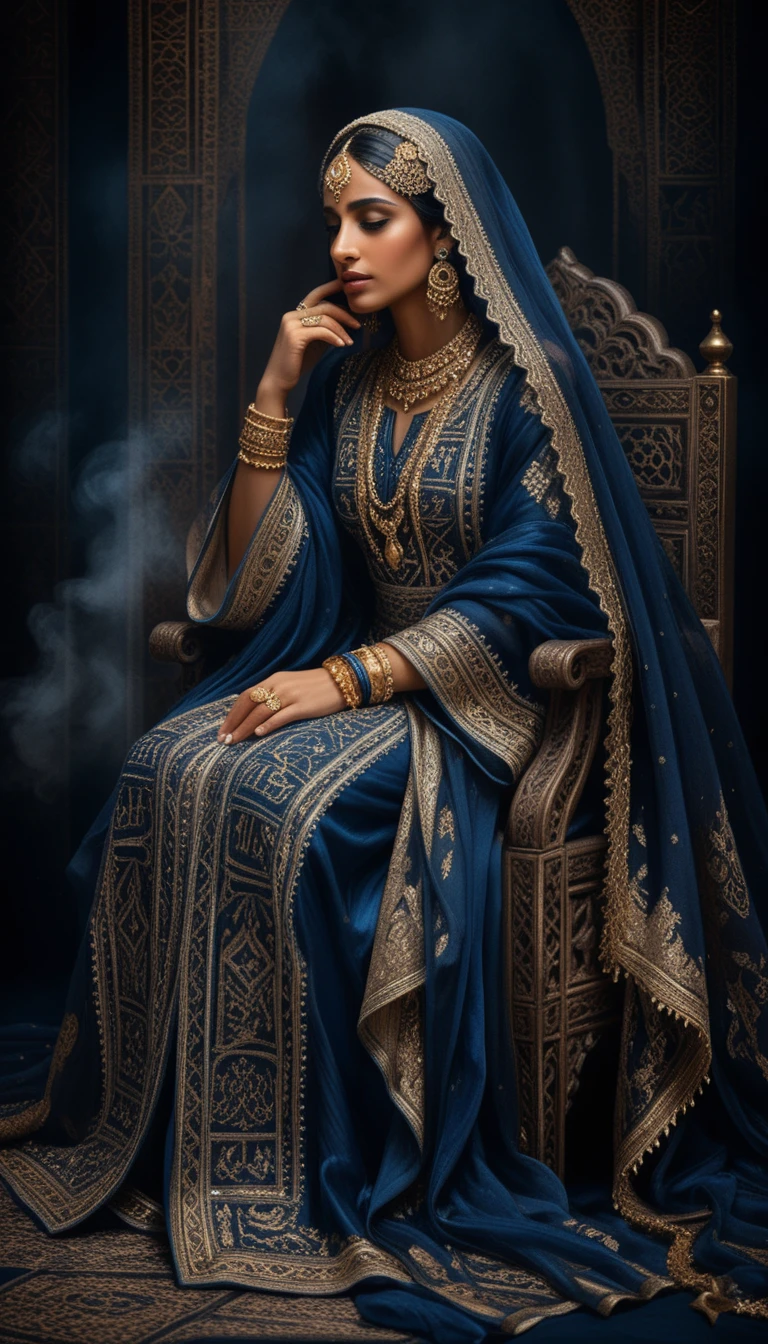Arab woman in ornate chair with traditional blue and gold dress