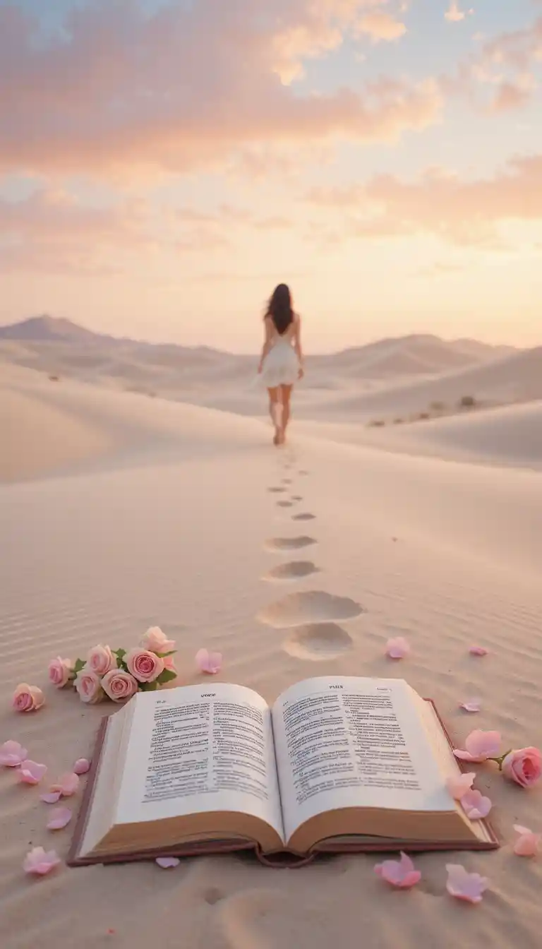 Woman Walking In Dreamy Desert At Sunset With Open Book