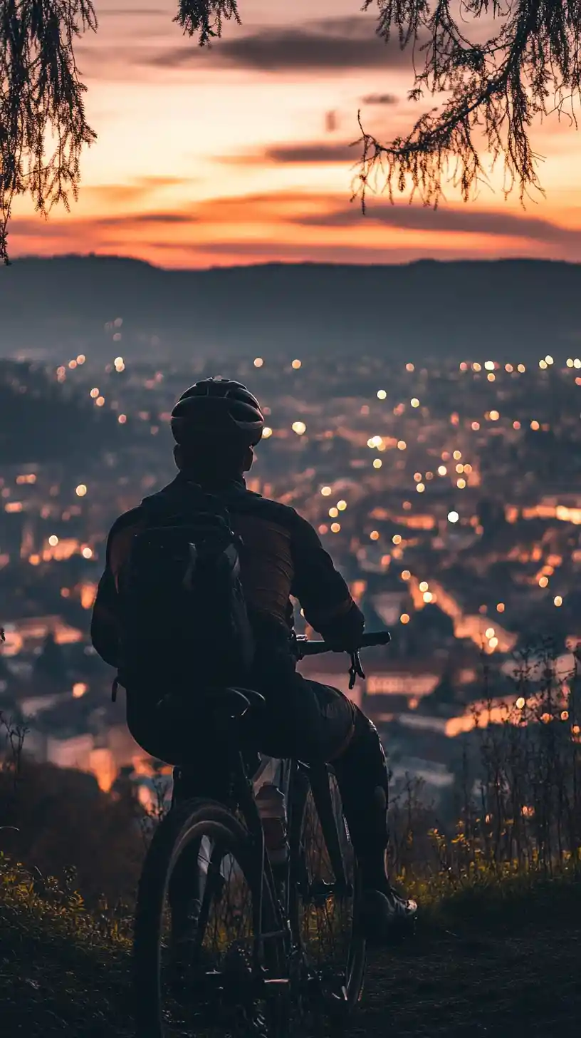 Cyclist Resting On Hill Above Glowing City At Dusk